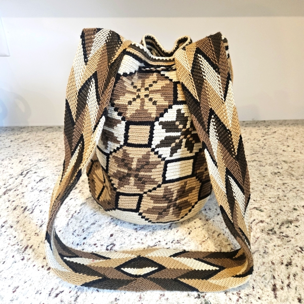 Wayuu Mochila Colombian Crochet Crossbody Geometric Earthtones Drawstring Bag